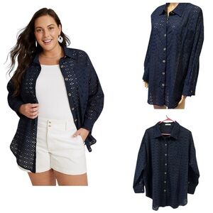 Maurices Navy Eyelet Detail Long Sleeve Shacket Button Up Shirt Plus Size 3X